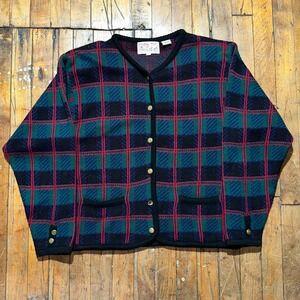 Tally-Ho Cardigan Sweater Women's Large Green Red Plaid Long Sleeve Button Front